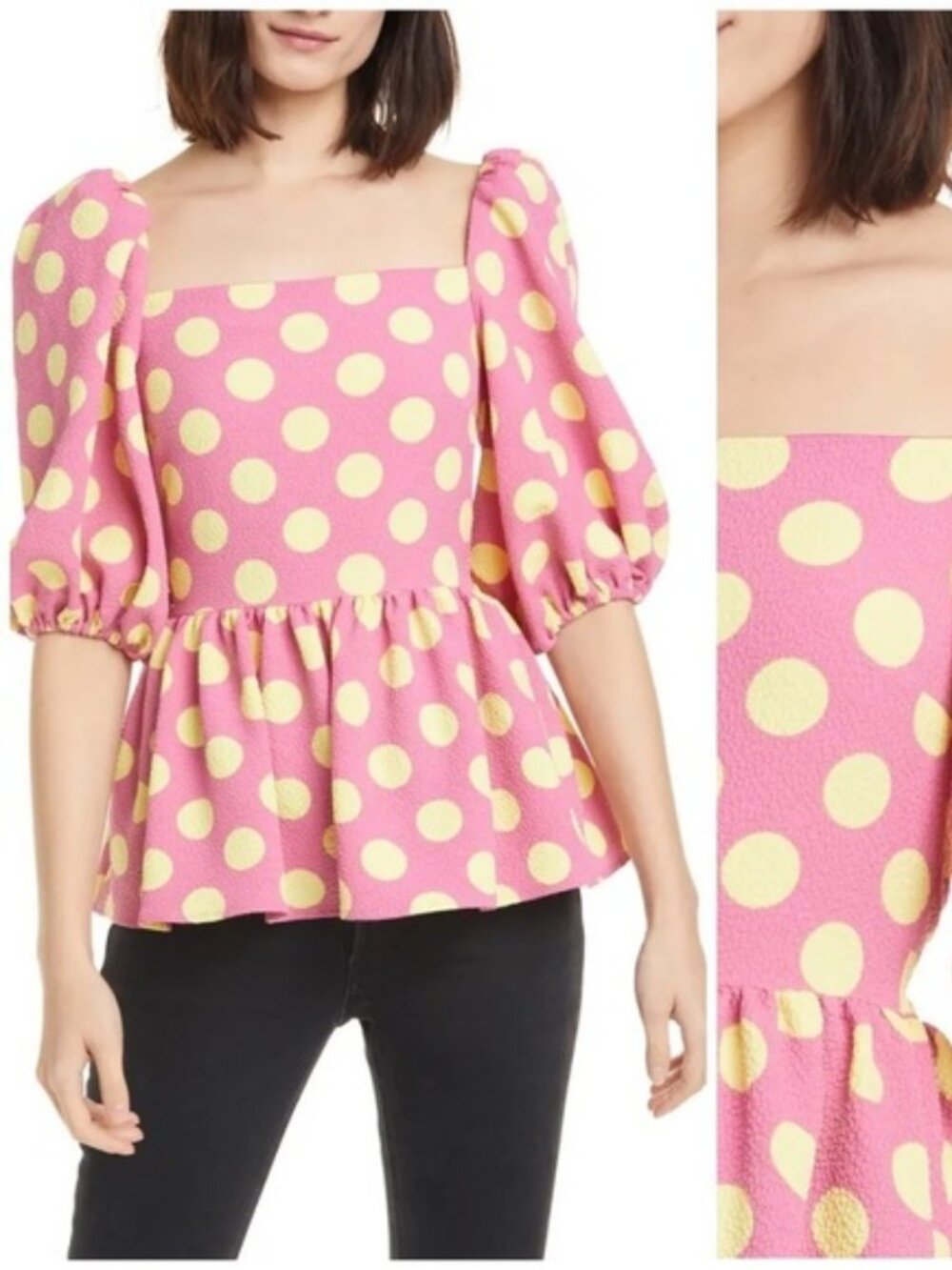 Stine Goya Irene Puff Sleeve Polka Dot Square Neckline Blouse in Pink and Yellow